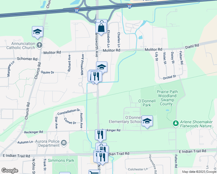 map of restaurants, bars, coffee shops, grocery stores, and more near 1601 North Farnsworth Avenue in Aurora