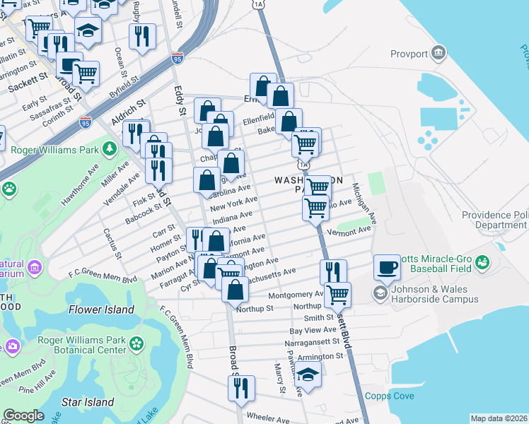 map of restaurants, bars, coffee shops, grocery stores, and more near 236 Indiana Avenue in Providence