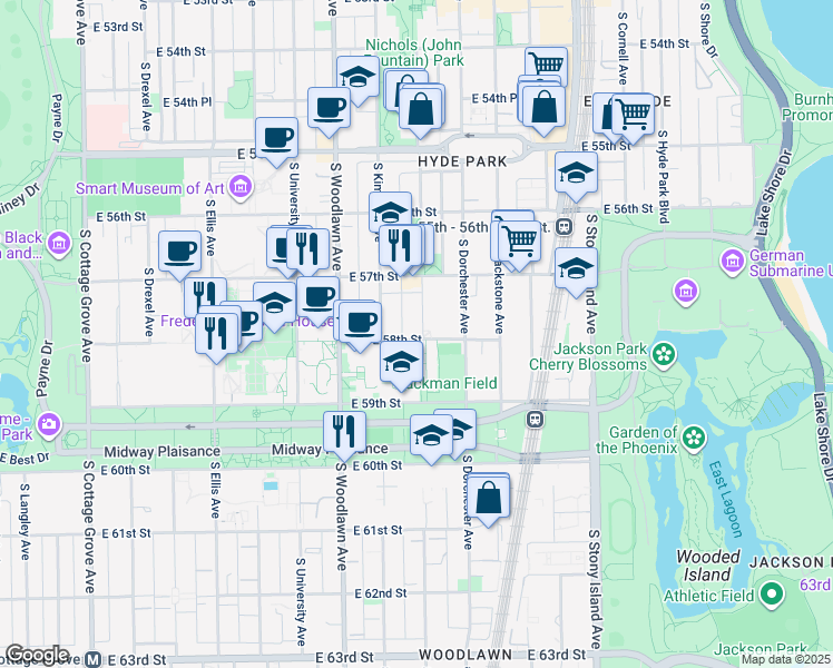 map of restaurants, bars, coffee shops, grocery stores, and more near 5756 South Kenwood Avenue in Chicago
