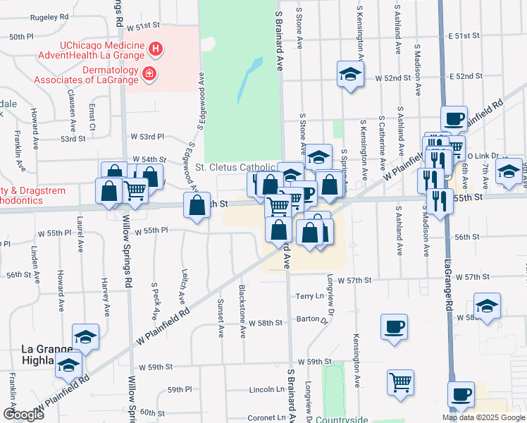 map of restaurants, bars, coffee shops, grocery stores, and more near 919 West 55th Street in Countryside