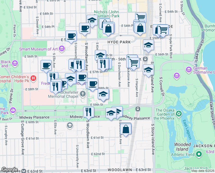 map of restaurants, bars, coffee shops, grocery stores, and more near 5756 South Kenwood Avenue in Chicago