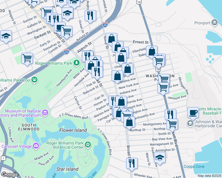 map of restaurants, bars, coffee shops, grocery stores, and more near 1295 Eddy Street in Providence