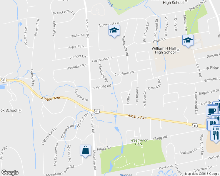 map of restaurants, bars, coffee shops, grocery stores, and more near 31 Fairfield Road in West Hartford