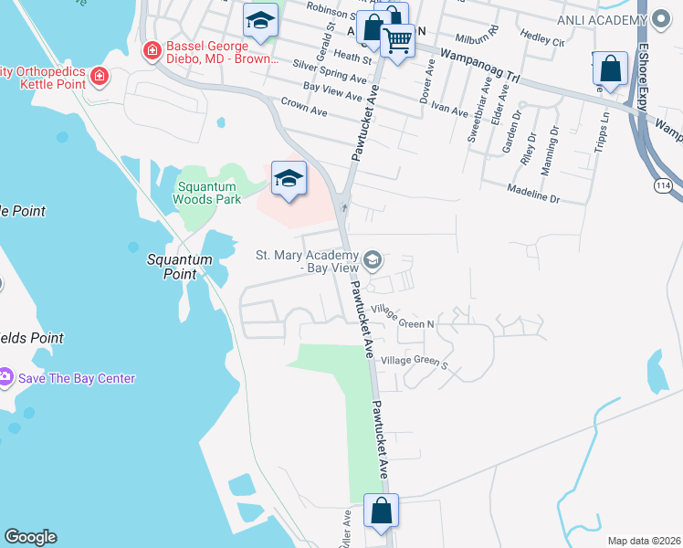 map of restaurants, bars, coffee shops, grocery stores, and more near 12 Boyden Boulevard in East Providence
