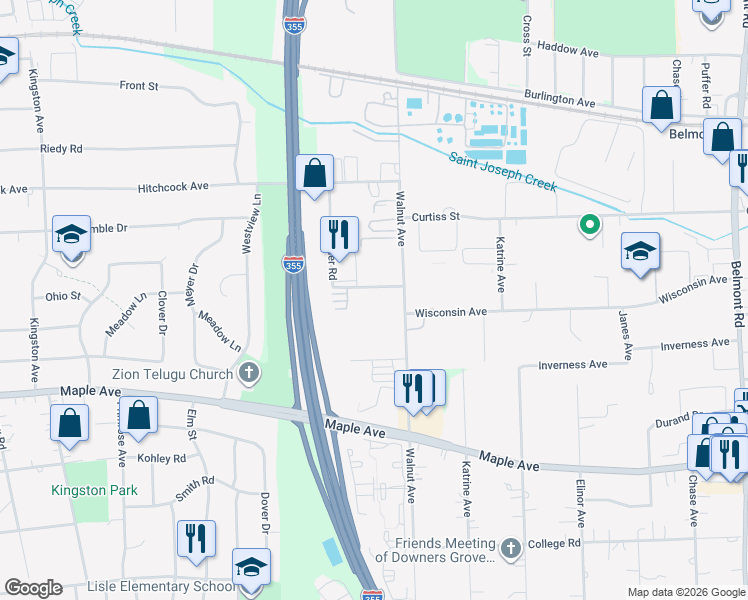 map of restaurants, bars, coffee shops, grocery stores, and more near 5300 Walnut Avenue in Downers Grove