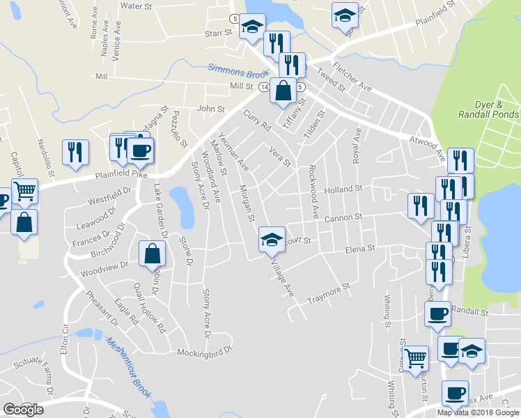 map of restaurants, bars, coffee shops, grocery stores, and more near 155 Yeoman Avenue in Cranston