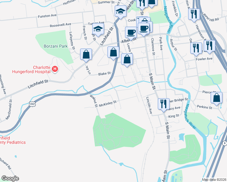 map of restaurants, bars, coffee shops, grocery stores, and more near 56 Belleview Ave in Torrington