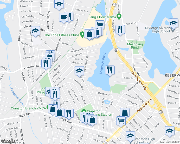 map of restaurants, bars, coffee shops, grocery stores, and more near 54 Lowell Street in Cranston