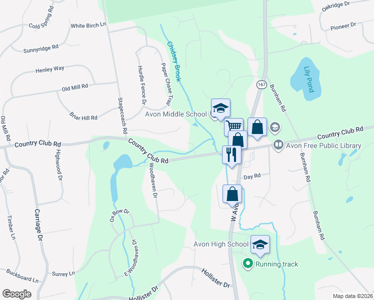 map of restaurants, bars, coffee shops, grocery stores, and more near 360 Country Club Road in Avon