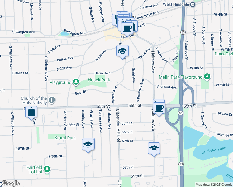 map of restaurants, bars, coffee shops, grocery stores, and more near 261 Walker Avenue in Clarendon Hills