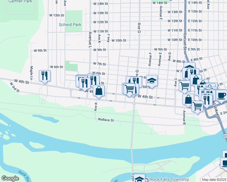 map of restaurants, bars, coffee shops, grocery stores, and more near 902 West 4th Street in Sterling