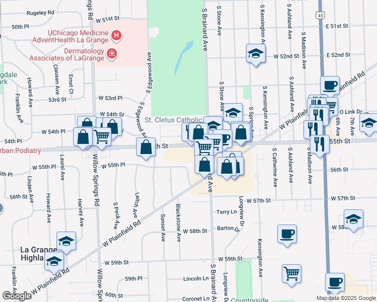 map of restaurants, bars, coffee shops, grocery stores, and more near 919 West 55th Street in Countryside