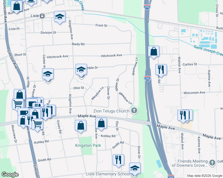 map of restaurants, bars, coffee shops, grocery stores, and more near 601 Meadow Lane in Lisle