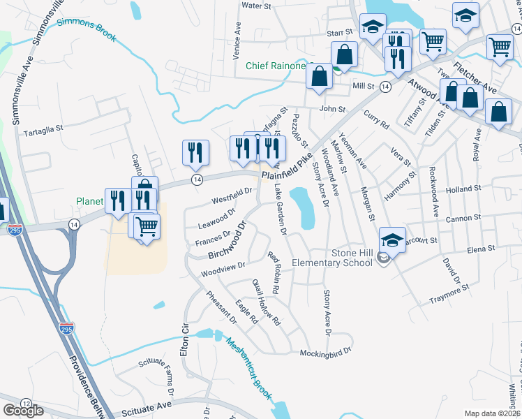 map of restaurants, bars, coffee shops, grocery stores, and more near 133 Birchwood Drive in Cranston