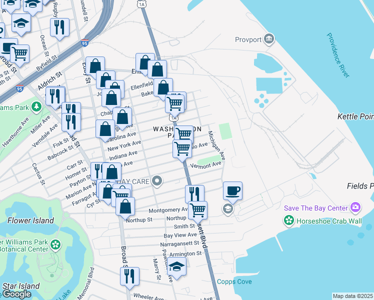 map of restaurants, bars, coffee shops, grocery stores, and more near 140 Ohio Avenue in Providence