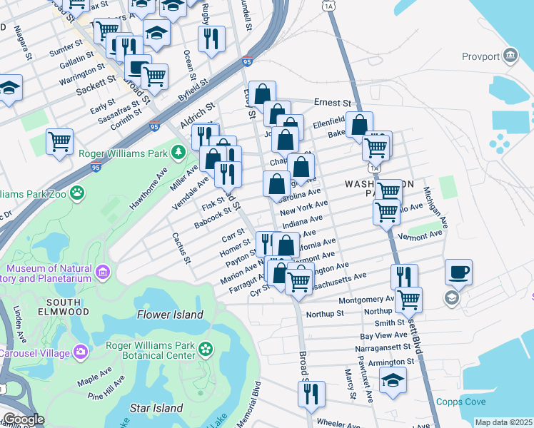 map of restaurants, bars, coffee shops, grocery stores, and more near 1295 Eddy Street in Providence