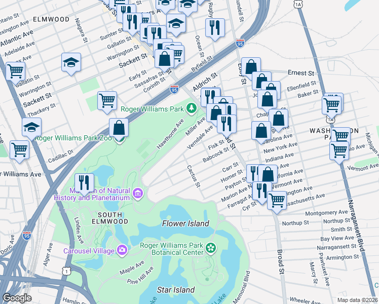 map of restaurants, bars, coffee shops, grocery stores, and more near 78 Verndale Avenue in Providence