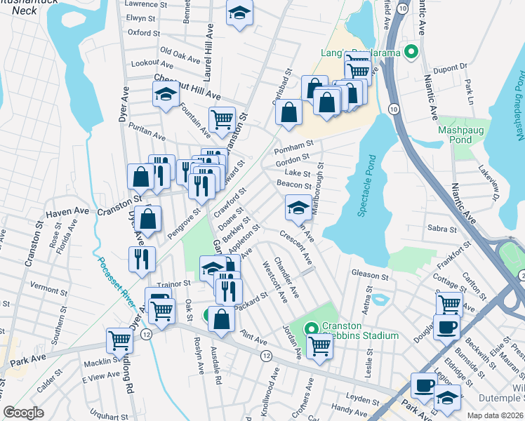 map of restaurants, bars, coffee shops, grocery stores, and more near 43 Berkley Street in Cranston