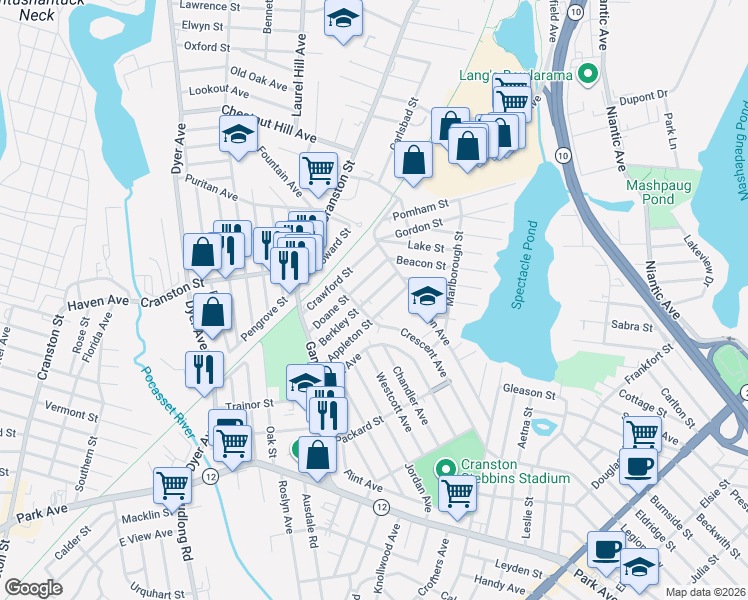 map of restaurants, bars, coffee shops, grocery stores, and more near 43 Berkley Street in Cranston