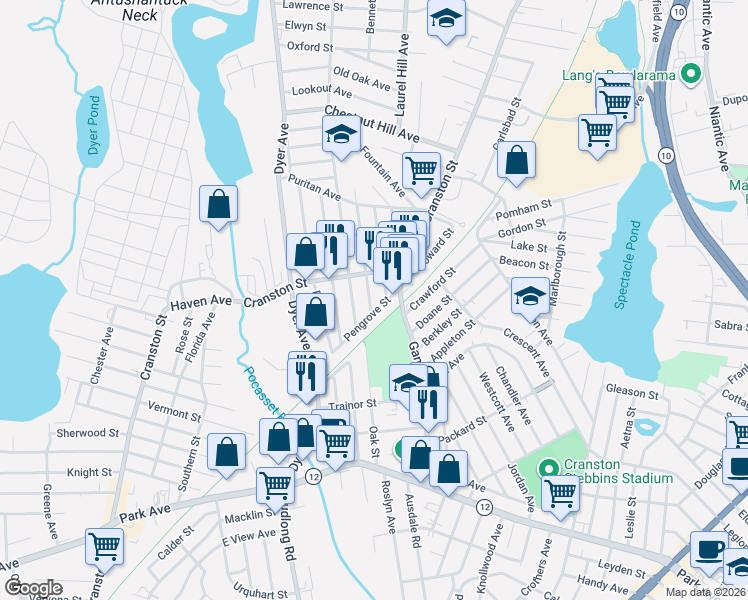 map of restaurants, bars, coffee shops, grocery stores, and more near 18 Cleveland Avenue in Cranston