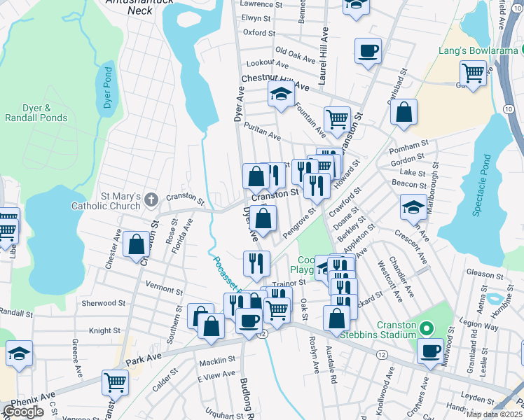 map of restaurants, bars, coffee shops, grocery stores, and more near 52 Victoria Avenue in Cranston