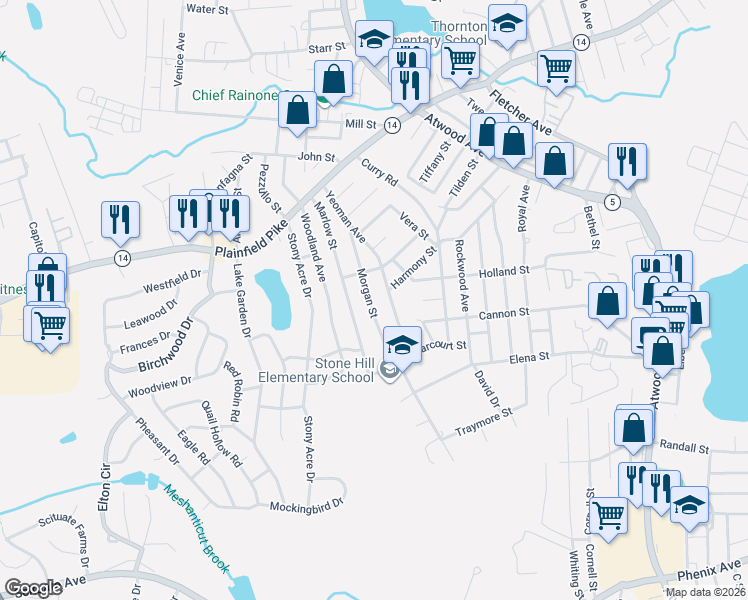 map of restaurants, bars, coffee shops, grocery stores, and more near 155 Yeoman Avenue in Cranston