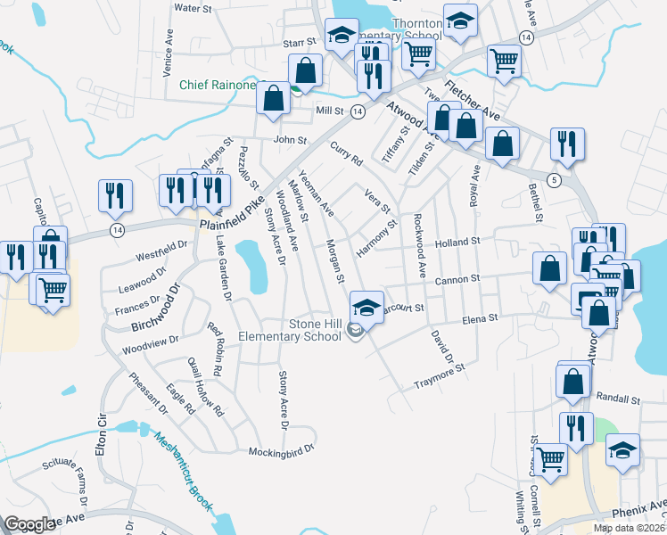 map of restaurants, bars, coffee shops, grocery stores, and more near 130 Marlow Street in Cranston