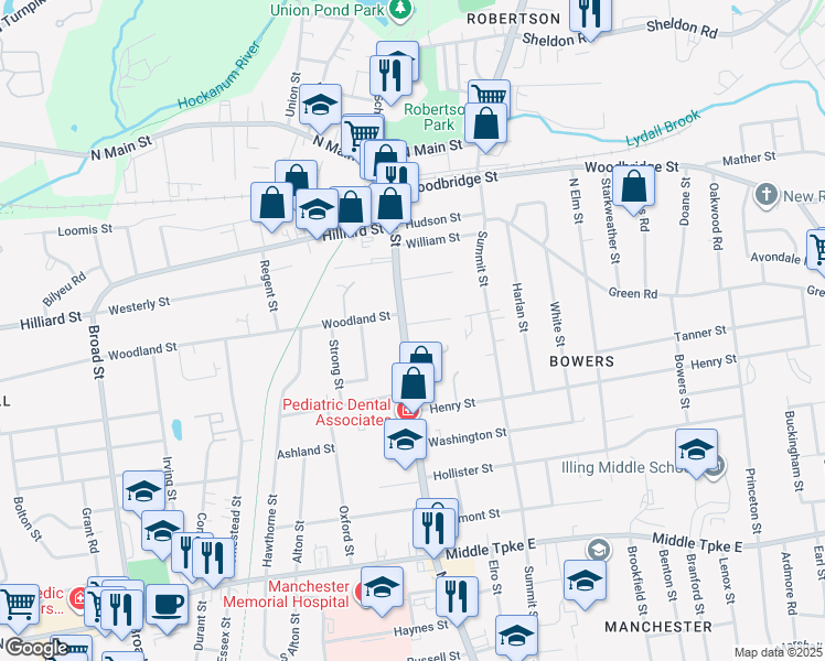 map of restaurants, bars, coffee shops, grocery stores, and more near 18 Grove Street in Manchester