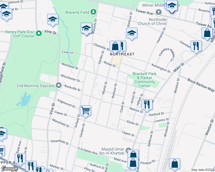 map of restaurants, bars, coffee shops, grocery stores, and more near in Hartford