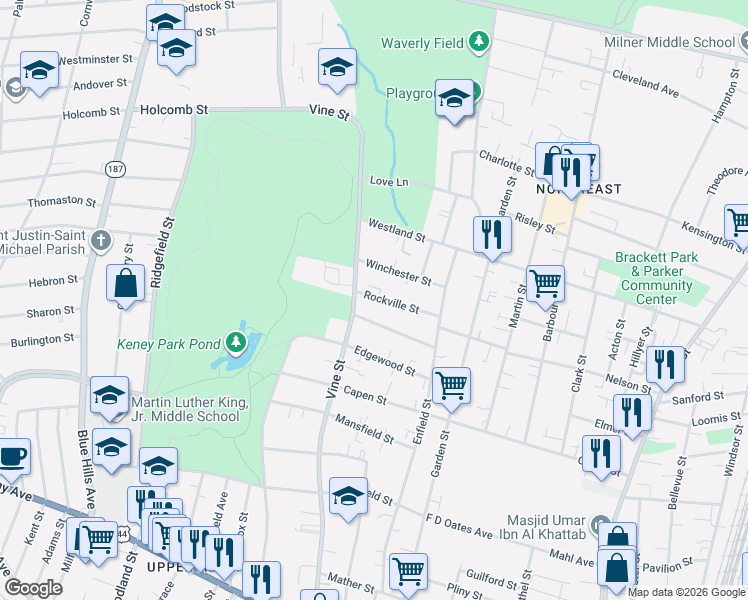 map of restaurants, bars, coffee shops, grocery stores, and more near 28 Rockville Street in Hartford