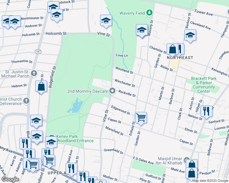 map of restaurants, bars, coffee shops, grocery stores, and more near 337 Vine Street in Hartford