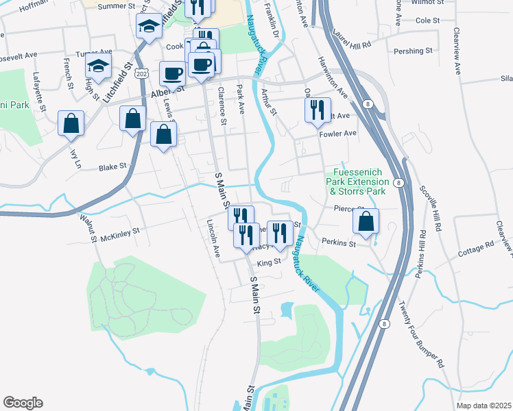 map of restaurants, bars, coffee shops, grocery stores, and more near 503 Park Avenue in Torrington