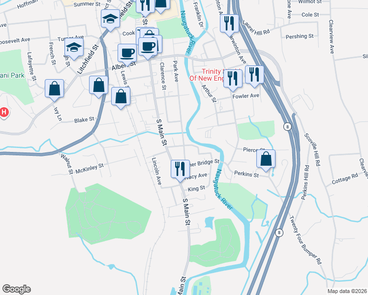 map of restaurants, bars, coffee shops, grocery stores, and more near 503 Park Avenue in Torrington