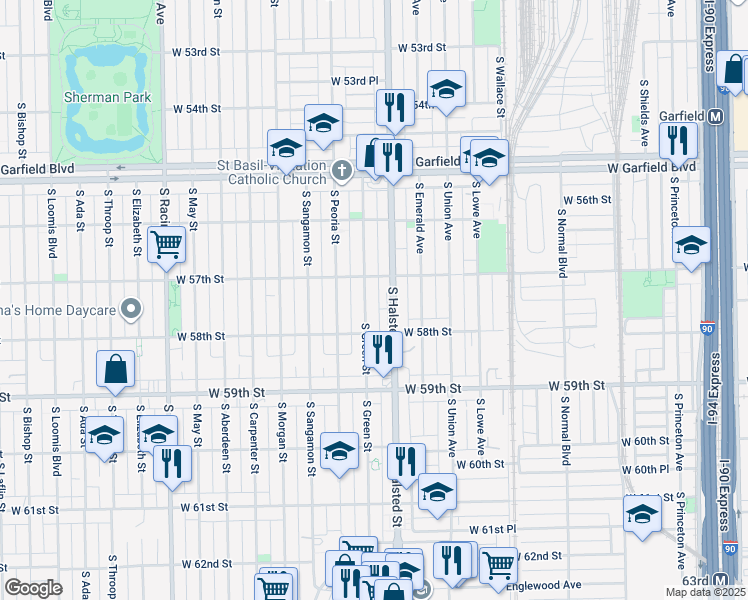 map of restaurants, bars, coffee shops, grocery stores, and more near 5718 South Green Street in Chicago