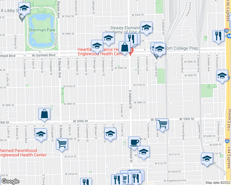 map of restaurants, bars, coffee shops, grocery stores, and more near 5722 South Green Street in Chicago
