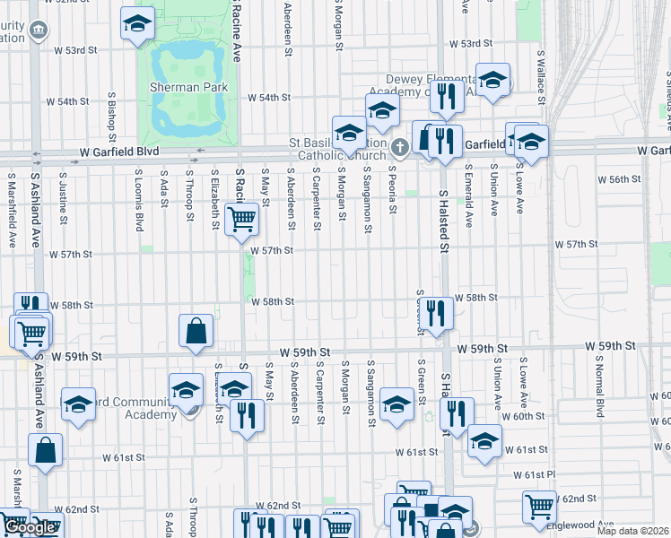 map of restaurants, bars, coffee shops, grocery stores, and more near 5719 South Carpenter Street in Chicago