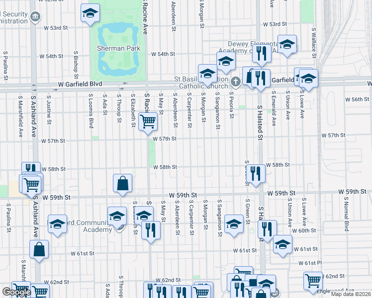 map of restaurants, bars, coffee shops, grocery stores, and more near 5719 South Carpenter Street in Chicago