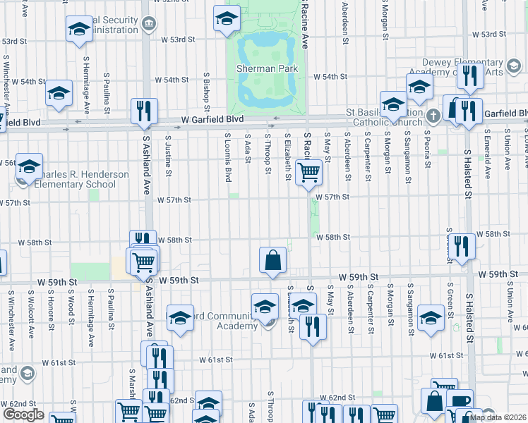 map of restaurants, bars, coffee shops, grocery stores, and more near 5715 South Throop Street in Chicago
