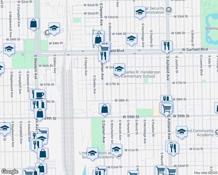 map of restaurants, bars, coffee shops, grocery stores, and more near 5707 South Damen Avenue in Chicago