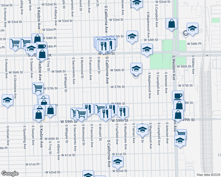 map of restaurants, bars, coffee shops, grocery stores, and more near 5700 South Fairfield Avenue in Chicago