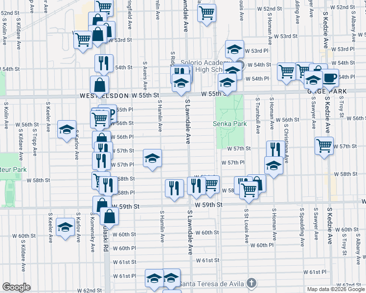 map of restaurants, bars, coffee shops, grocery stores, and more near 3650 West 57th Street in Chicago