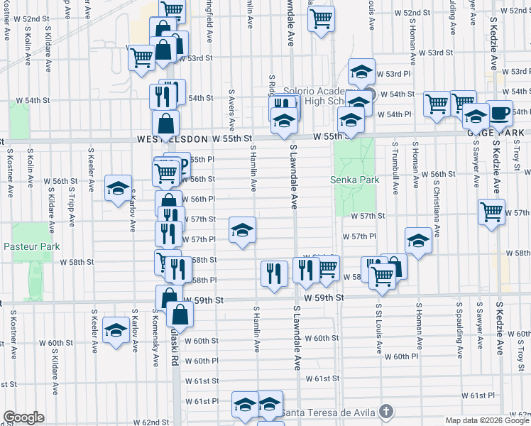 map of restaurants, bars, coffee shops, grocery stores, and more near 3728 West 57th Street in Chicago