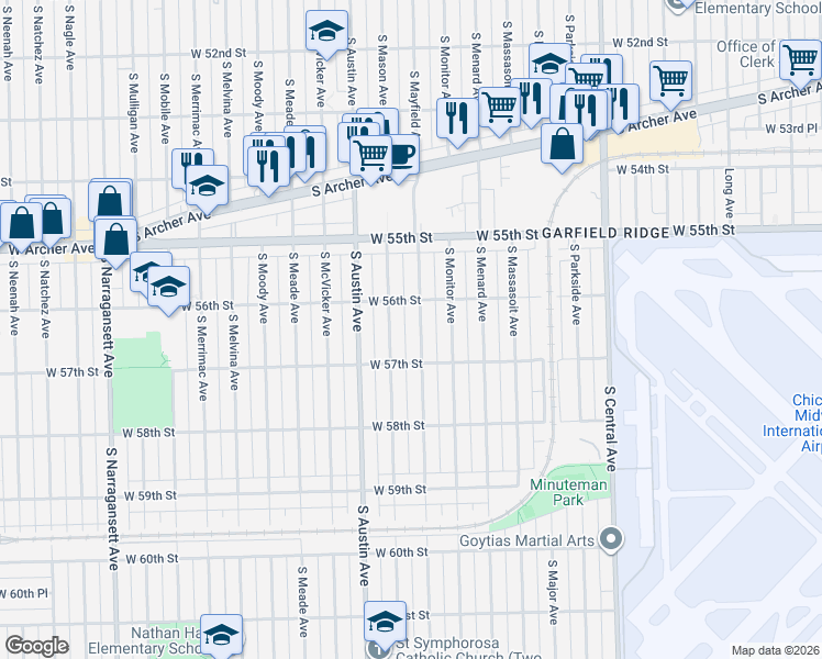 map of restaurants, bars, coffee shops, grocery stores, and more near 5627 South Mayfield Avenue in Chicago