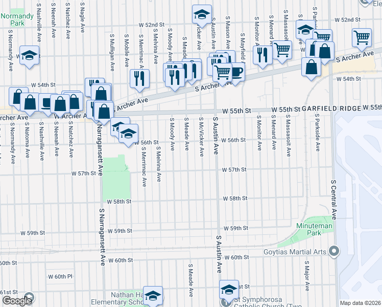 map of restaurants, bars, coffee shops, grocery stores, and more near 5623 South Meade Avenue in Chicago
