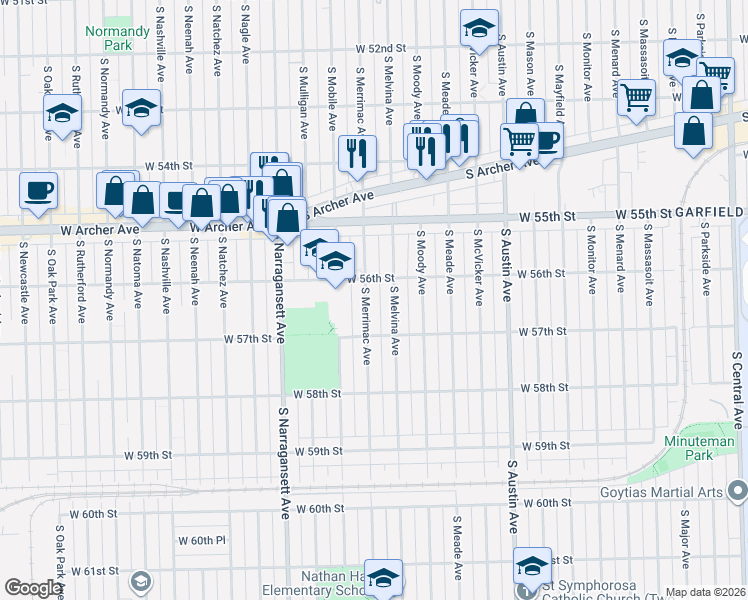 map of restaurants, bars, coffee shops, grocery stores, and more near 5616 South Melvina Avenue in Chicago