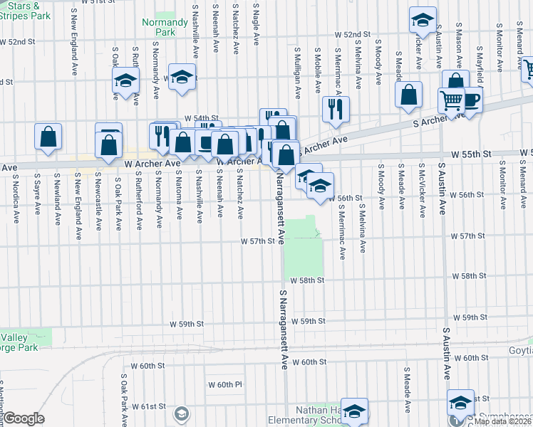 map of restaurants, bars, coffee shops, grocery stores, and more near 5612 South Nagle Avenue in Chicago