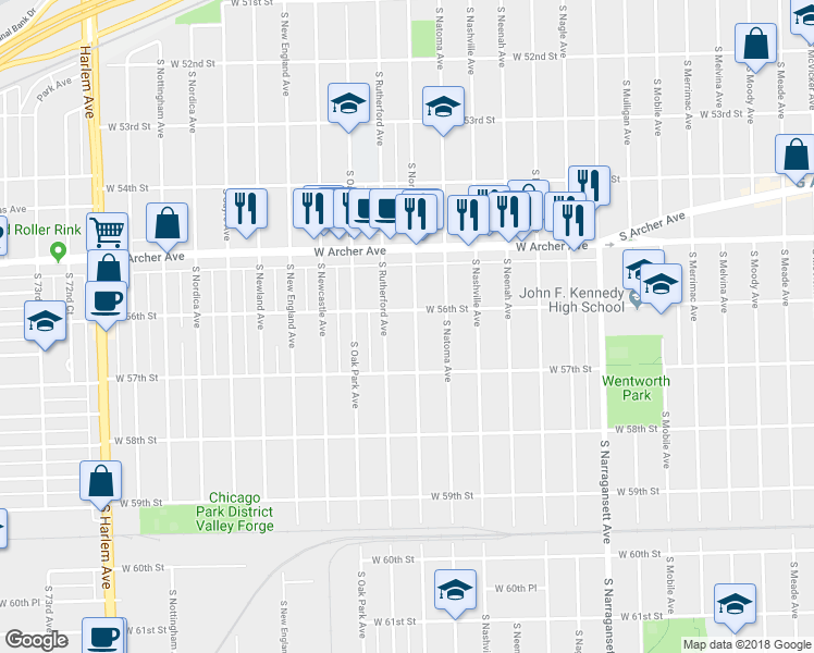 map of restaurants, bars, coffee shops, grocery stores, and more near 5613 South Normandy Avenue in Chicago