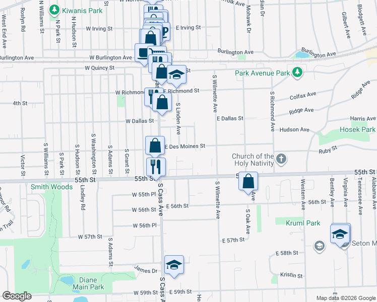map of restaurants, bars, coffee shops, grocery stores, and more near 107 East Des Moines Street in Westmont