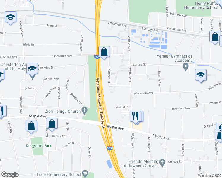 map of restaurants, bars, coffee shops, grocery stores, and more near 5300 Walnut Avenue in Downers Grove