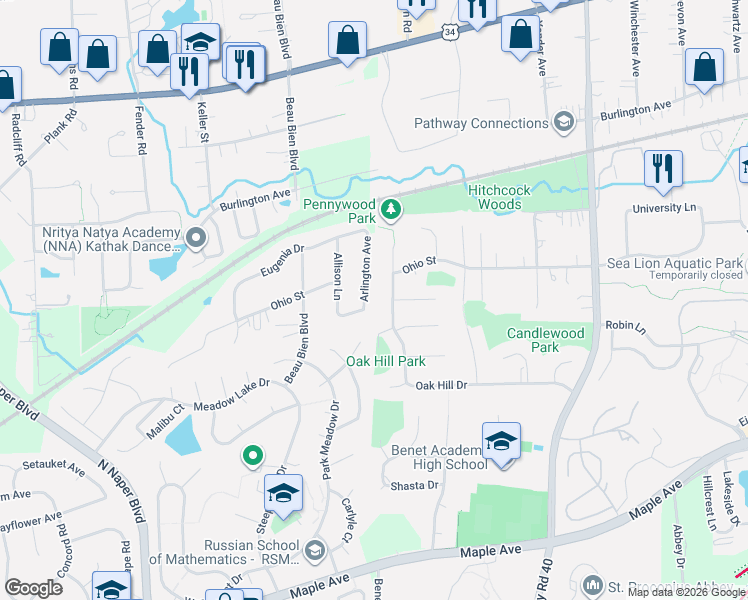 map of restaurants, bars, coffee shops, grocery stores, and more near 5232 Pennywood Drive in Lisle